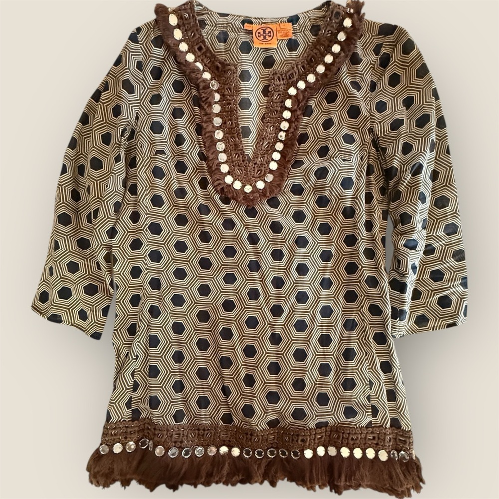 Tory Burch Hexagonal Print Blouse with Brown Accents